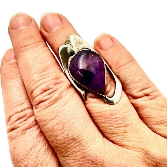 Stunning Vintage Modernist Womens Ring Sterling Silver Amethyst Size 6.5 - Picture 1 of 9